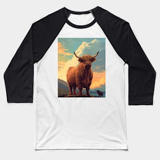 Highland Cattle Sunset Retro Art | Vintage-Inspired Landscape with Scottish Cows Baseball T-Shirt